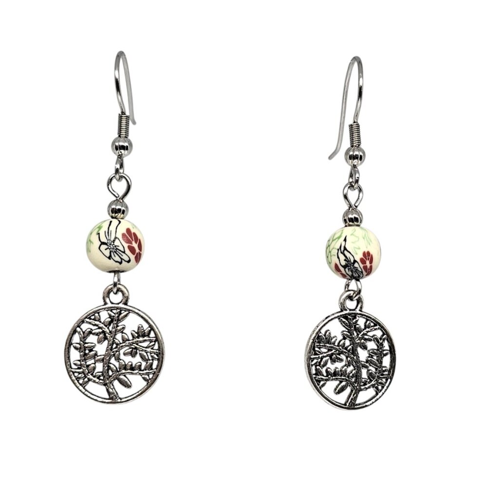 Handmade Tree of Life Charm Earrings Floral Bead Silver Tone Boho Dangle,